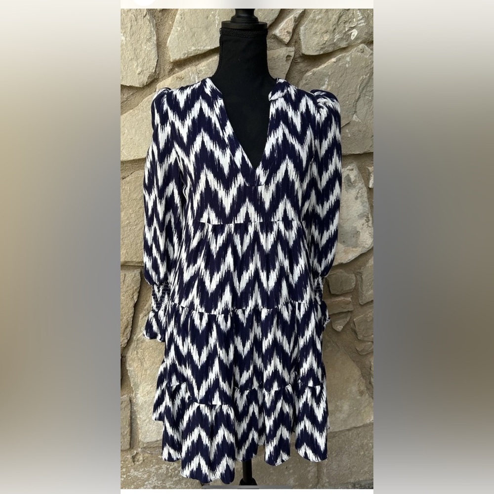 Pomander Place‎ Tuckernuck Kenzo Dress XS Tiered Navy Blue White Ikat Print NWOT